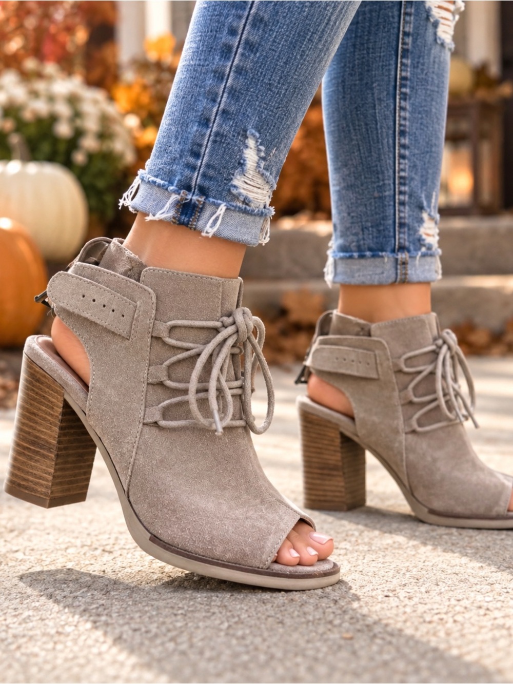 Bella Vita Women’s Taupe Suede Open-Toe Block Heel Booties